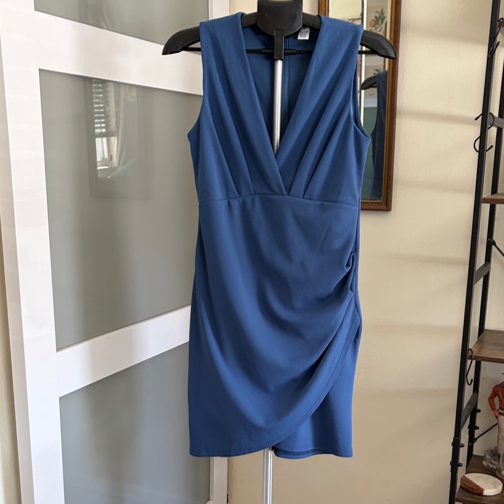 Sleeveless V-Neck Wrap-Detail Blue Dress